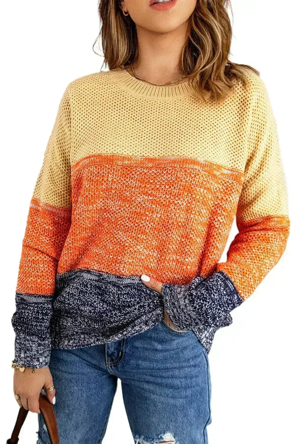 Orange & Blue Color Block Sweater | Women’s Winter Knit | Femstylo - SJB-DIAMOND ELITES