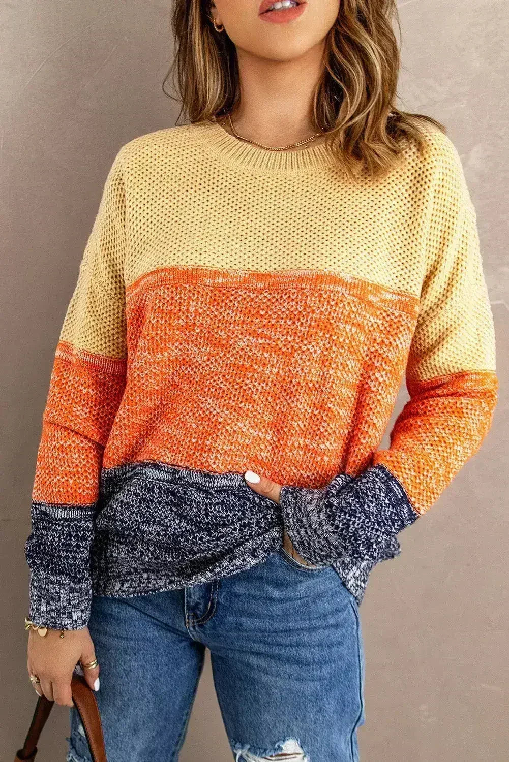Orange & Blue Color Block Sweater | Women’s Winter Knit | Femstylo - SJB-DIAMOND ELITES