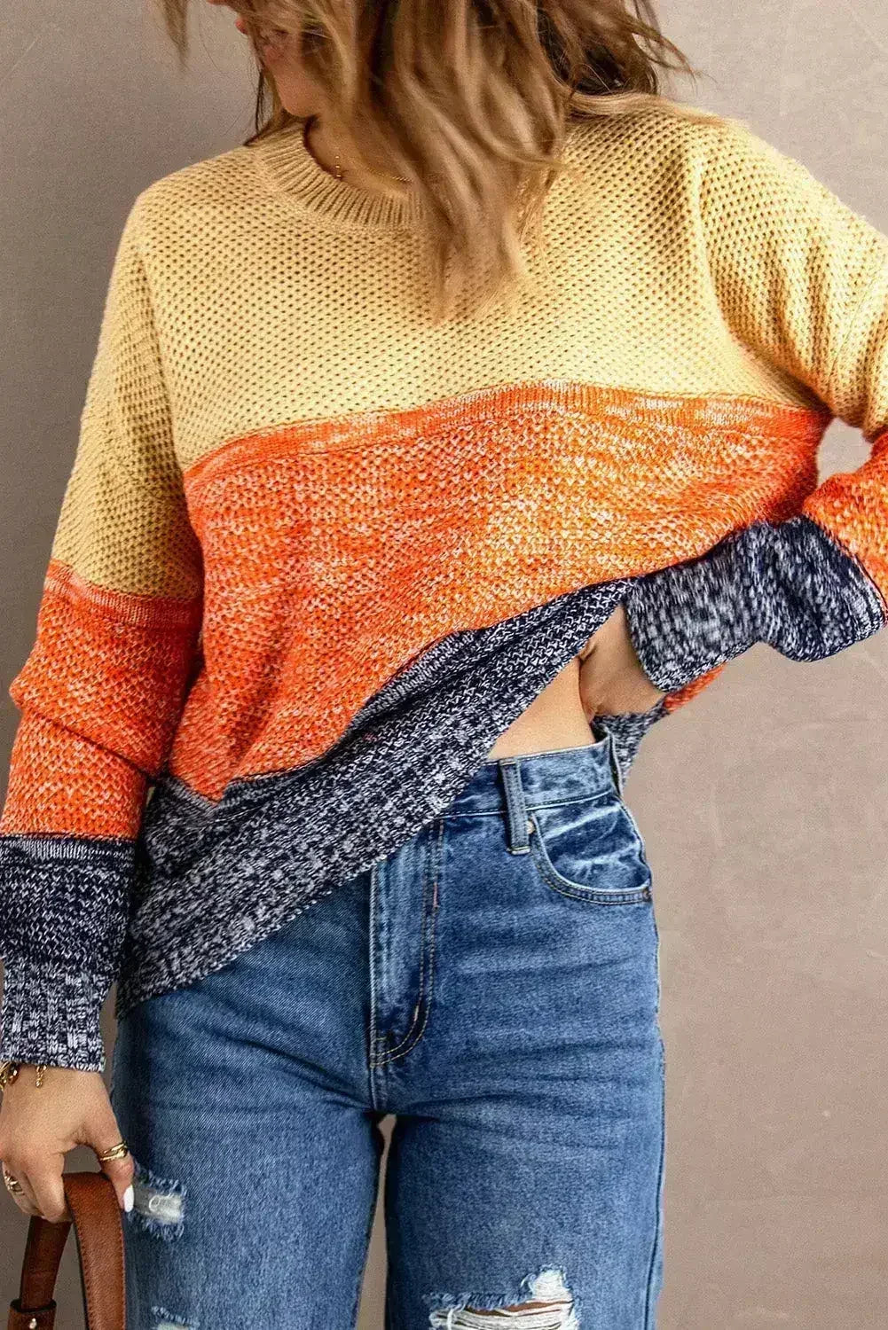 Orange & Blue Color Block Sweater | Women’s Winter Knit | Femstylo - SJB-DIAMOND ELITES