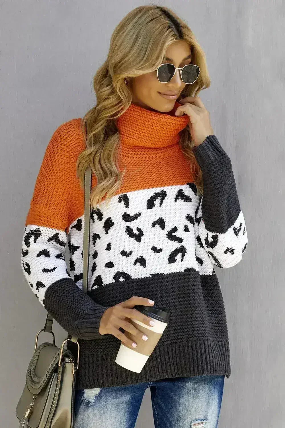 Orange Color Block Turtleneck Splicing Chunky Knit Pullover Sweater - SJB-DIAMOND ELITES