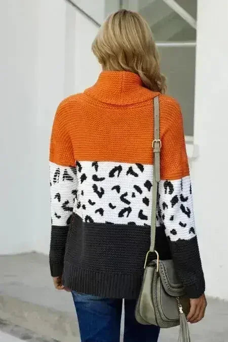 Orange Color Block Turtleneck Splicing Chunky Knit Pullover Sweater - SJB-DIAMOND ELITES