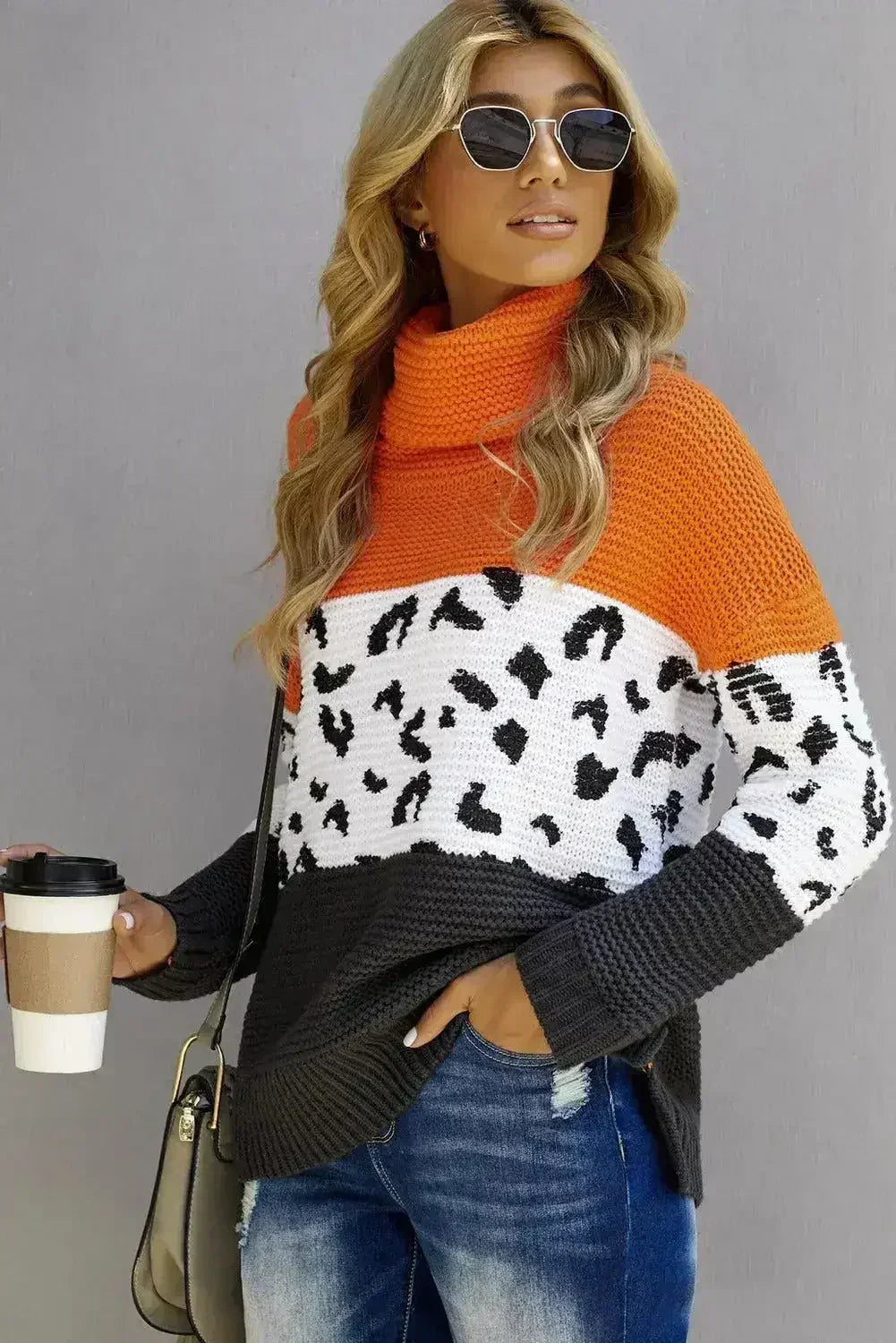 Orange Color Block Turtleneck Splicing Chunky Knit Pullover Sweater - SJB-DIAMOND ELITES