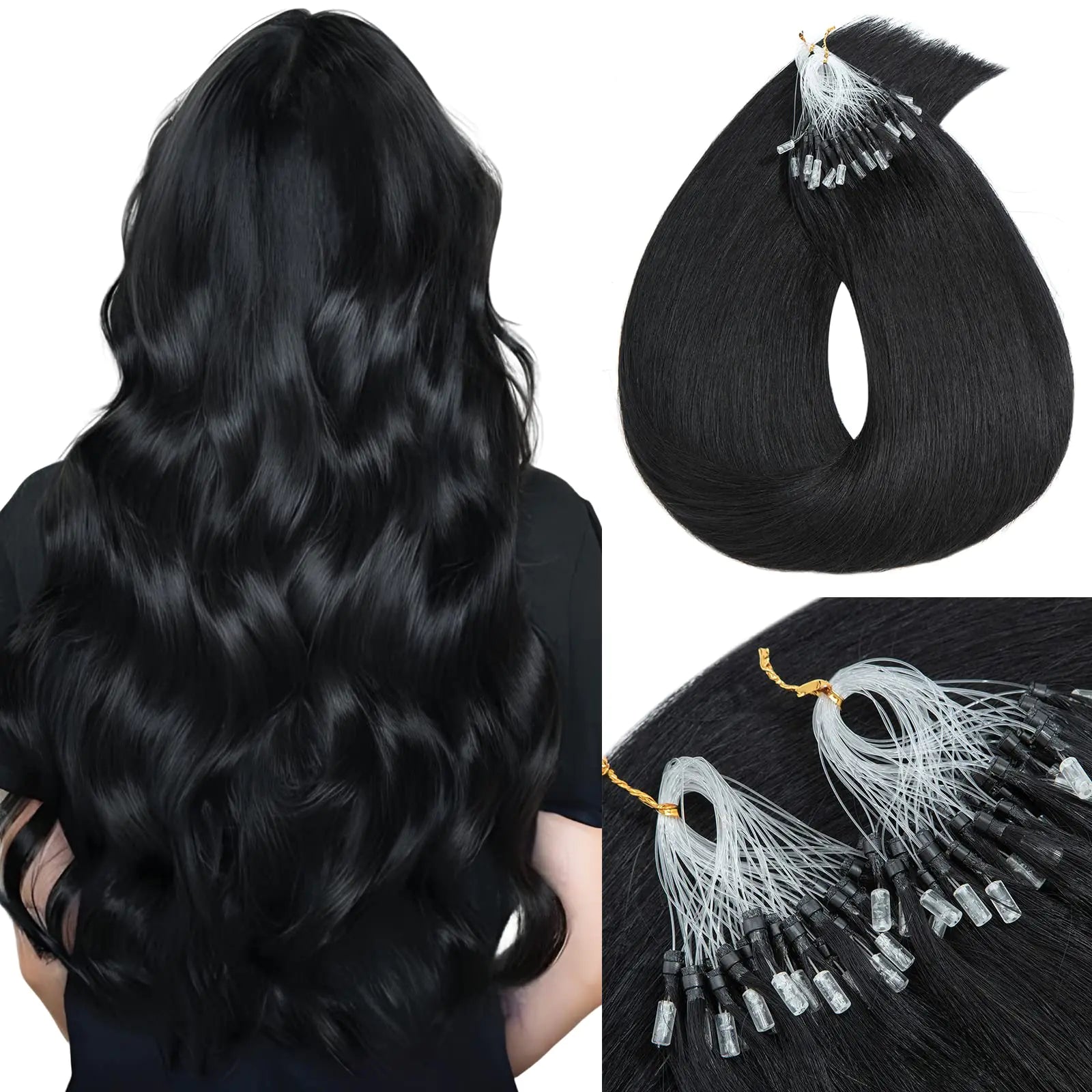 MY-LADY Microlink Hair Extensions Microbead Human Hair Extensions Jet Black 16 Inch Micro Loop Hair Extensions Real Human Hair Cold Fusion Extensions Micro Link #1 Pi-Mart