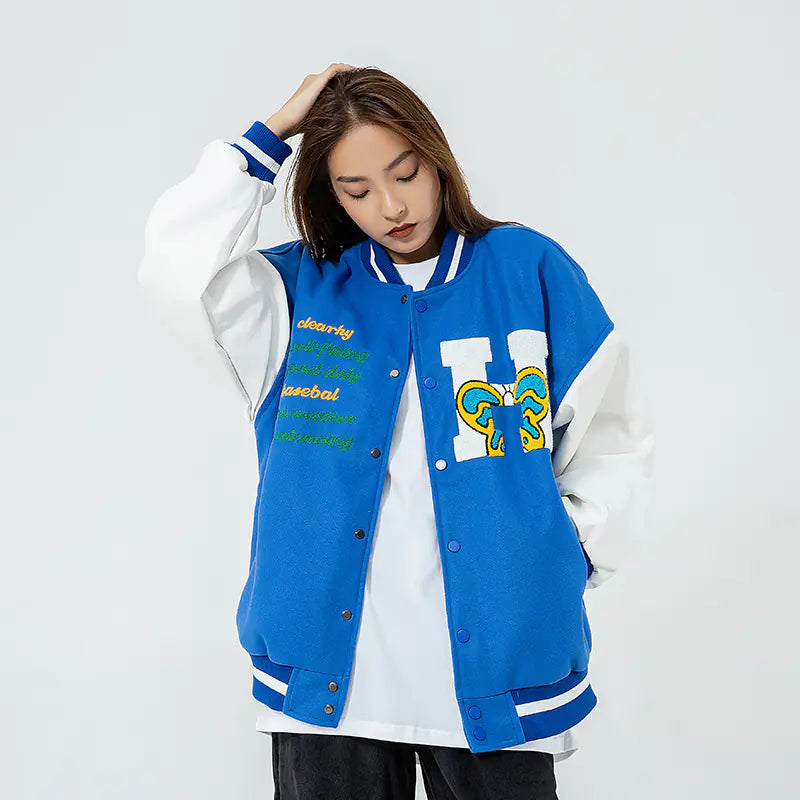 Embroidered Color Matching Couple Baseball Jacket Pi-Mart