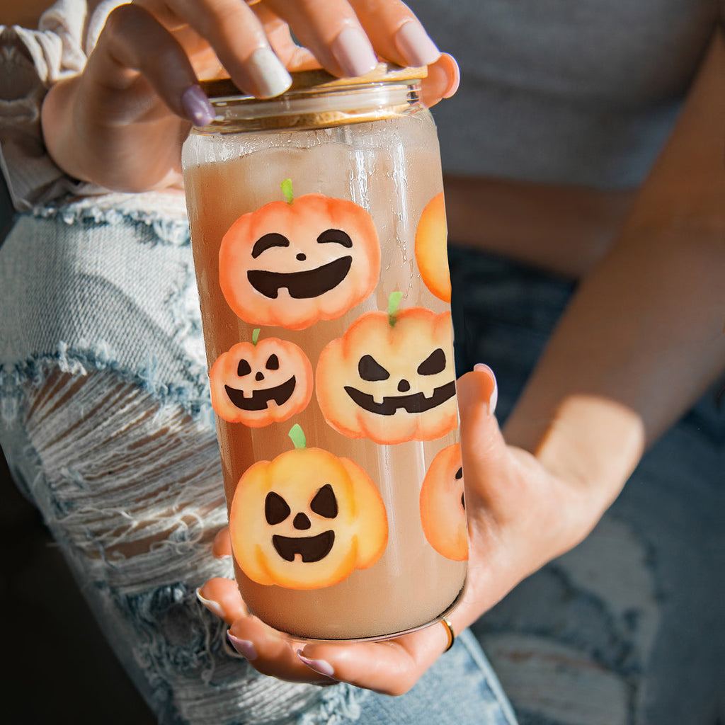 Pumpkin 20oz Glass Tumbler with Bamboo Lid, 2 Stainless Straws & Straw Cleaner BandsCo Straps