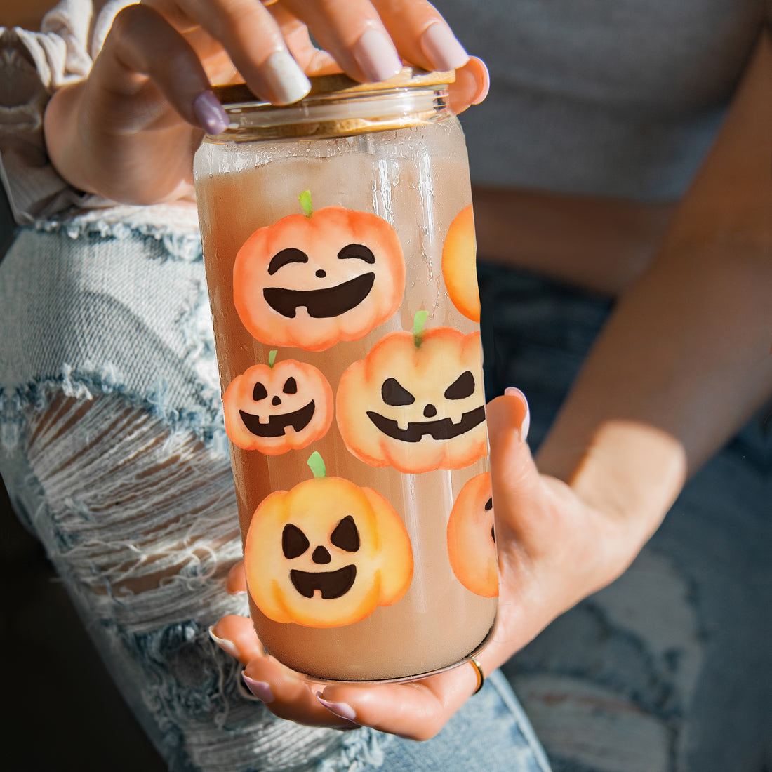 Pumpkin 20oz Glass Tumbler with Bamboo Lid, 2 Stainless Straws & Straw Cleaner BandsCo Straps