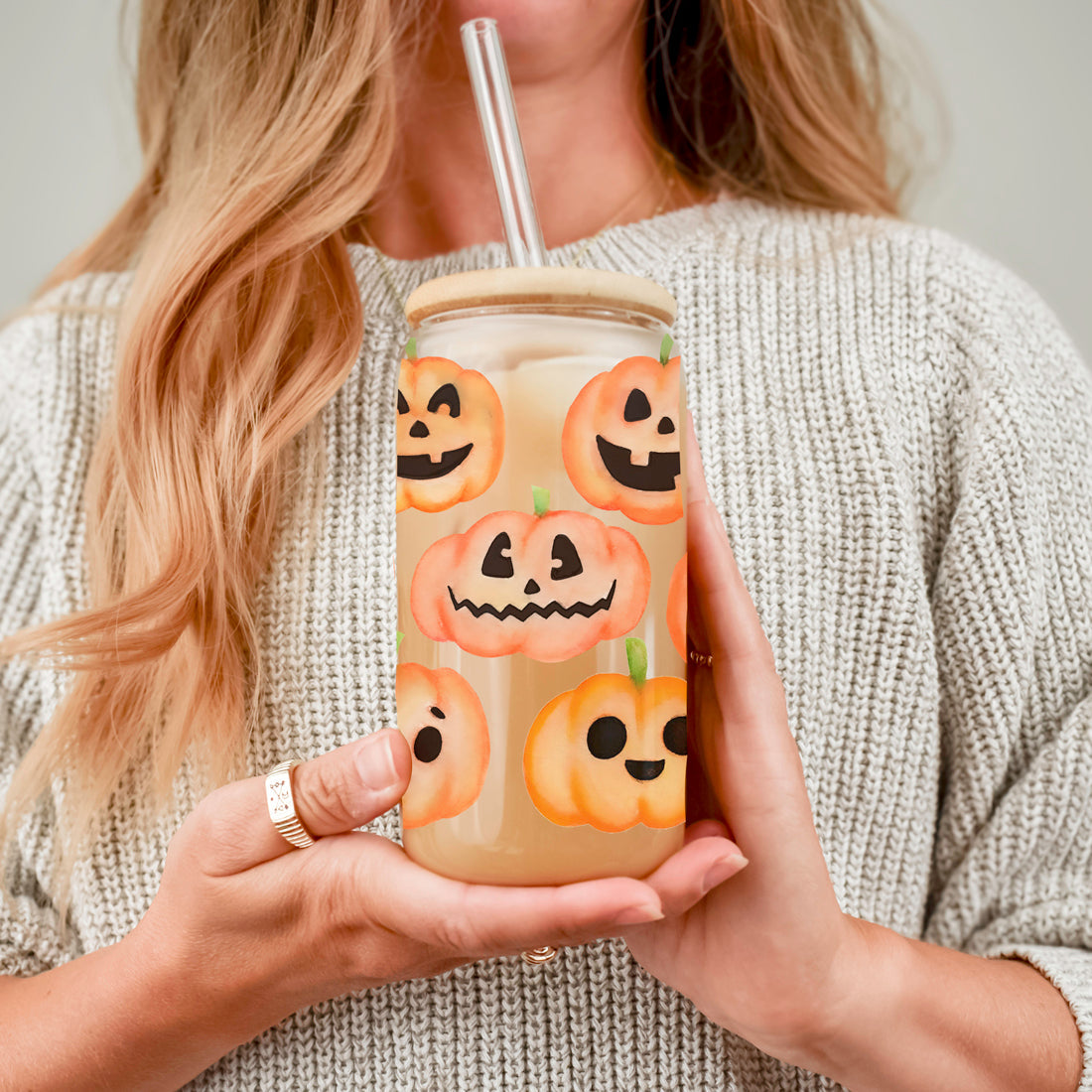 Pumpkin 20oz Glass Tumbler with Bamboo Lid, 2 Stainless Straws & Straw Cleaner BandsCo Straps