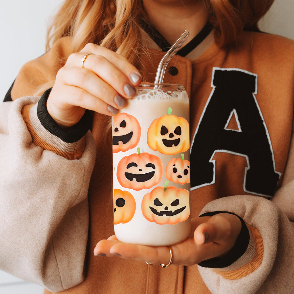 Pumpkin 20oz Glass Tumbler with Bamboo Lid, 2 Stainless Straws & Straw Cleaner BandsCo Straps