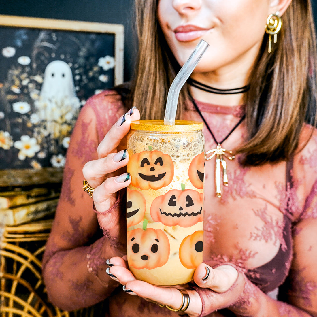 Pumpkin 20oz Glass Tumbler with Bamboo Lid, 2 Stainless Straws & Straw Cleaner BandsCo Straps