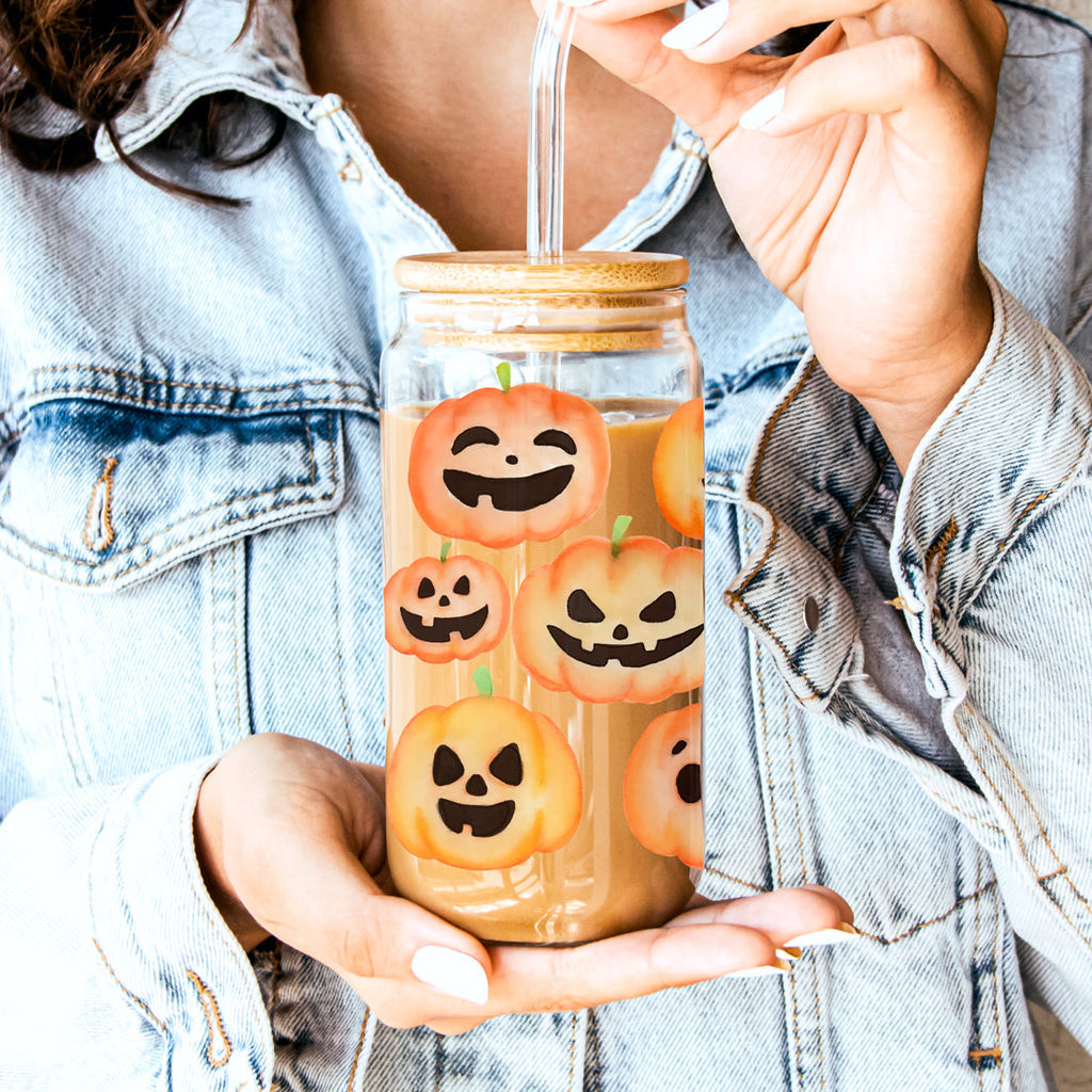Pumpkin 20oz Glass Tumbler with Bamboo Lid, 2 Stainless Straws & Straw Cleaner BandsCo Straps