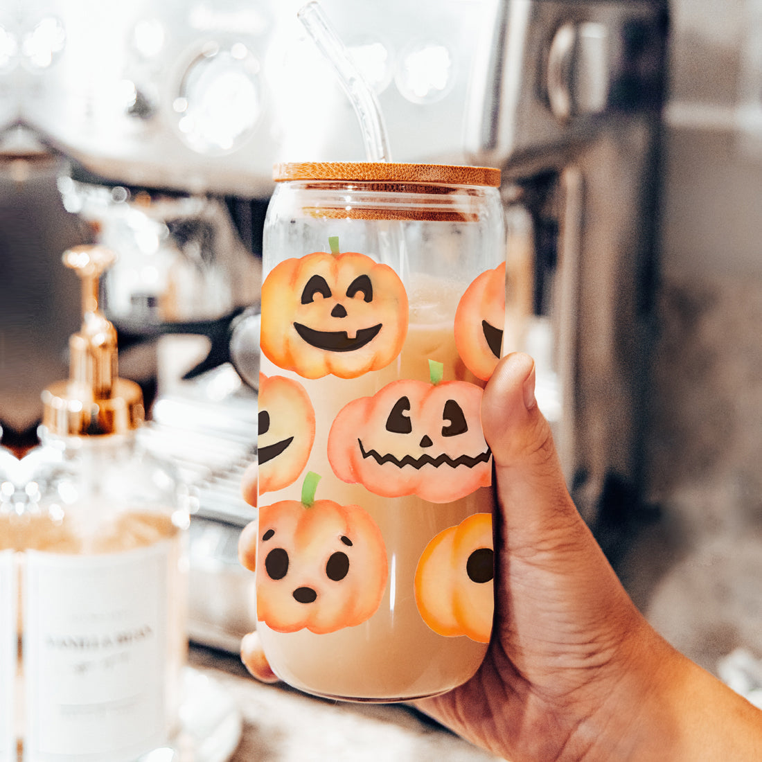 Pumpkin 20oz Glass Tumbler with Bamboo Lid, 2 Stainless Straws & Straw Cleaner BandsCo Straps