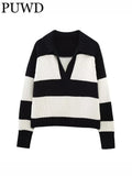 Women Fashion Black Striped Knit Sweater Spring Vintage Polo Neck Long Sleeve Female Pullovers Chic Tops - SJB-DIAMOND ELITES