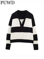 Women Fashion Black Striped Knit Sweater Spring Vintage Polo Neck Long Sleeve Female Pullovers Chic Tops - SJB-DIAMOND ELITES