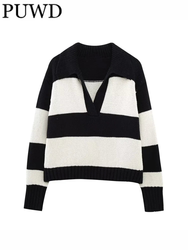 Women Fashion Black Striped Knit Sweater Spring Vintage Polo Neck Long Sleeve Female Pullovers Chic Tops - SJB-DIAMOND ELITES