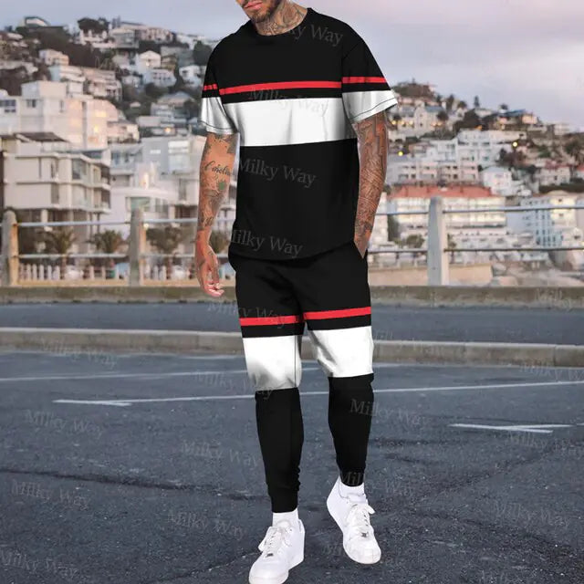 Men's Summer Tracksuit Stripe Print T-shirt Trousers Set Pi-Mart