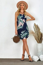 Palm Tree Leaf Print Navy Sleeveless Short Dress
