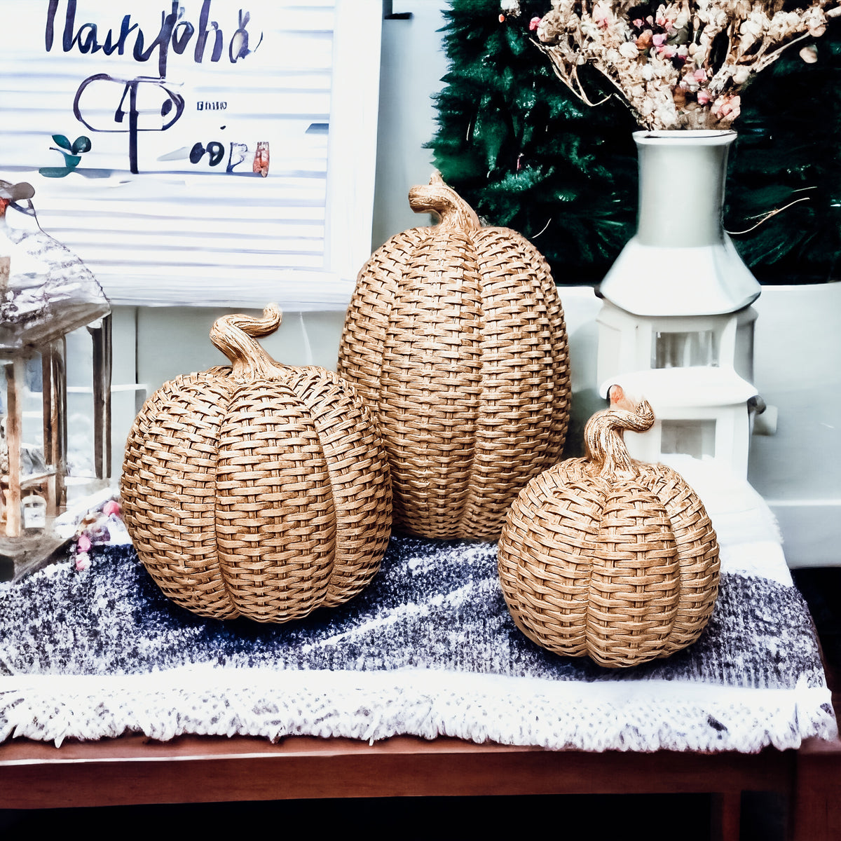 Rattan Resin Pumpkins Fall Decor - Set Or Single, 3 Sizes, Honey Cognac BandsCo Straps