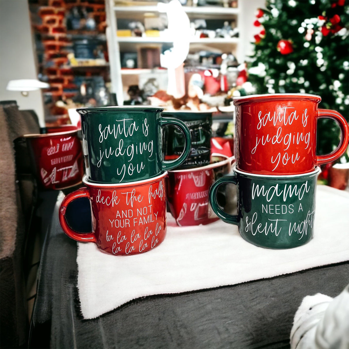 Naughty And Nice Coffee Mug Ceramic Campfire Style 14.5oz Red Or Green Double Side Design BandsCo Straps