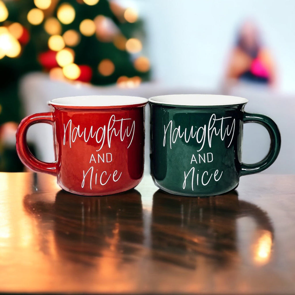 Naughty And Nice Coffee Mug Ceramic Campfire Style 14.5oz Red Or Green Double Side Design BandsCo Straps