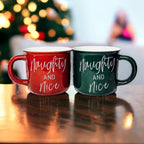 Naughty And Nice Coffee Mug Ceramic Campfire Style 14.5oz Red Or Green Double Side Design BandsCo Straps