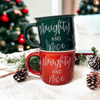 Naughty And Nice Coffee Mug Ceramic Campfire Style 14.5oz Red Or Green Double Side Design BandsCo Straps