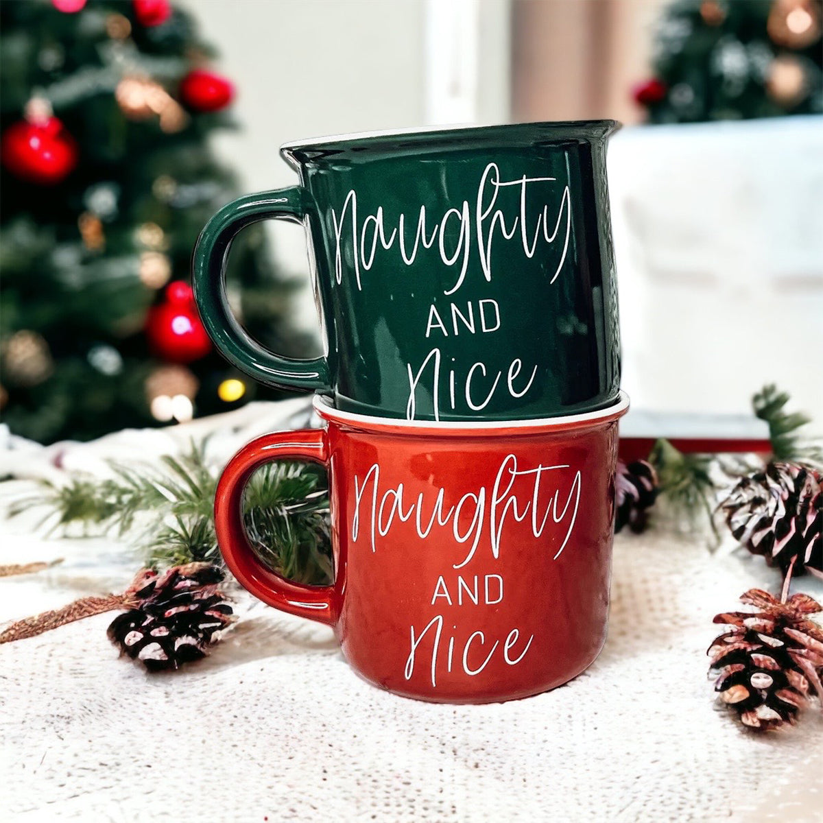 Naughty And Nice Coffee Mug Ceramic Campfire Style 14.5oz Red Or Green Double Side Design BandsCo Straps