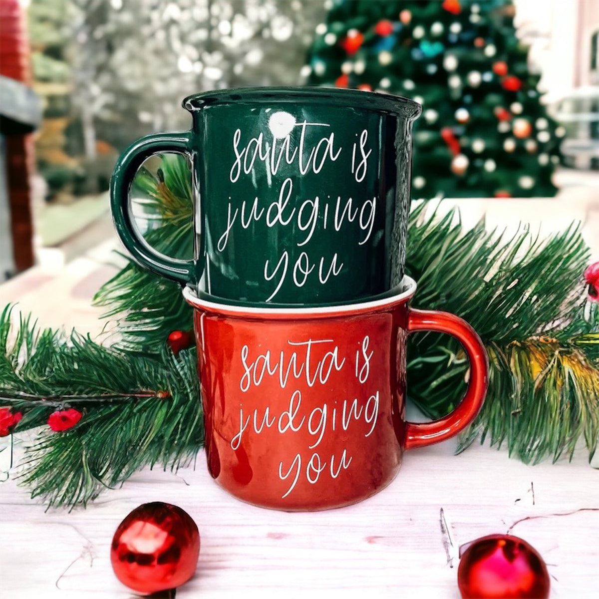 Santa Is Judging Mug 14.5oz Ceramic Campfire Style Holiday Coffee Mug Red Or Green Double Sided BandsCo Straps