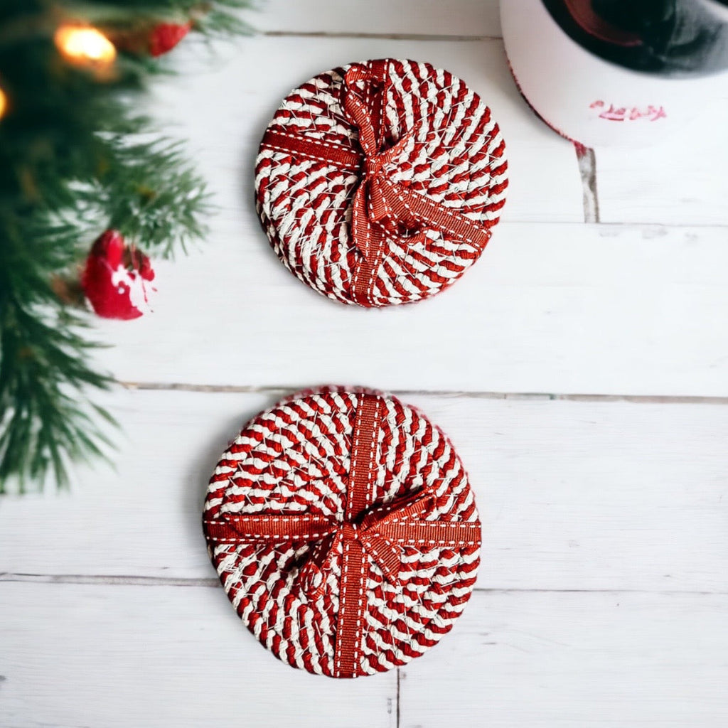 Black Braided Coaster Set 4-Pack Candy Cane Stripe Coasters Table Protectors BandsCo Straps