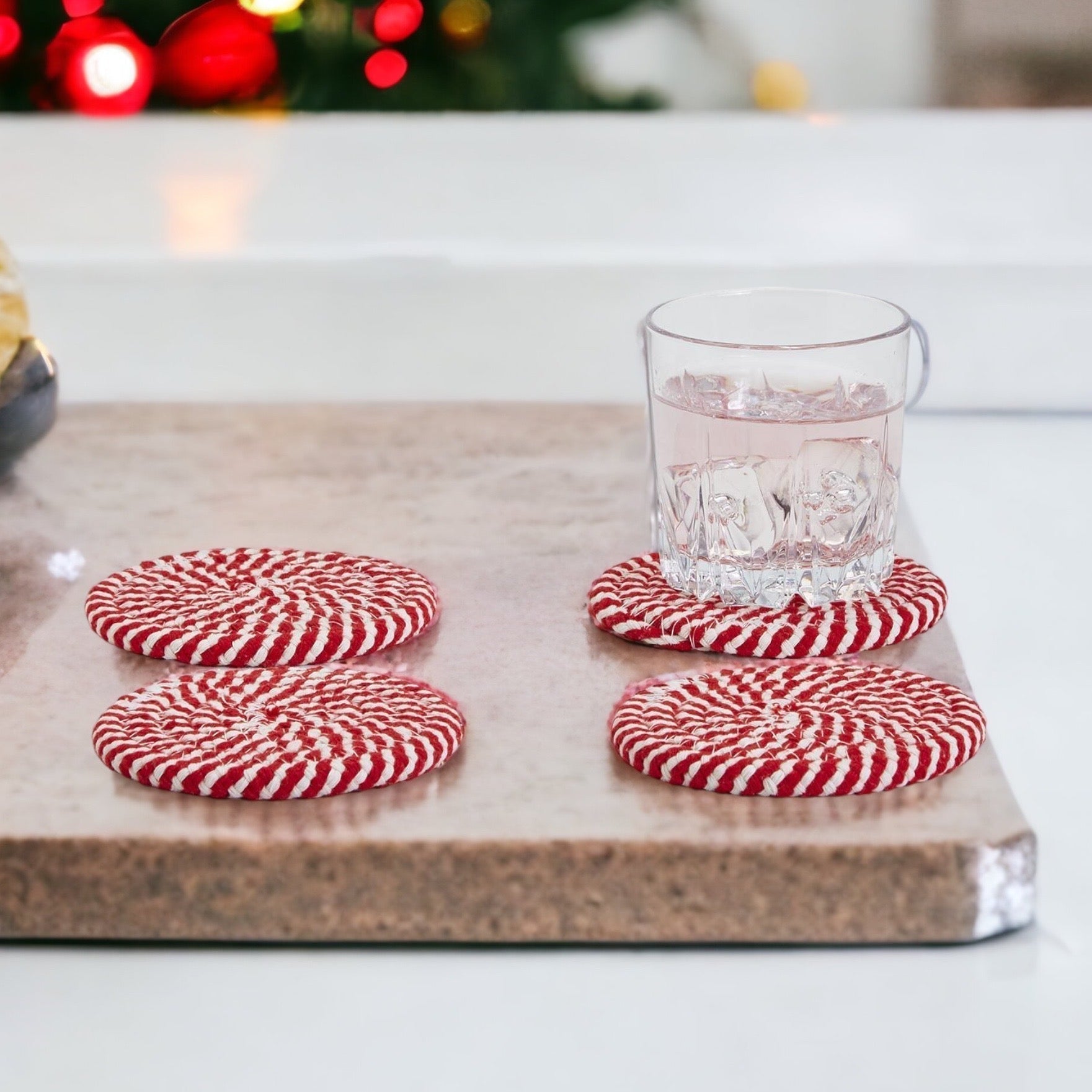 Blue Braided Holiday Coaster Set 4 Pack Candy Cane Stripe Table Protectors Absorbent Drink Mats BandsCo Straps
