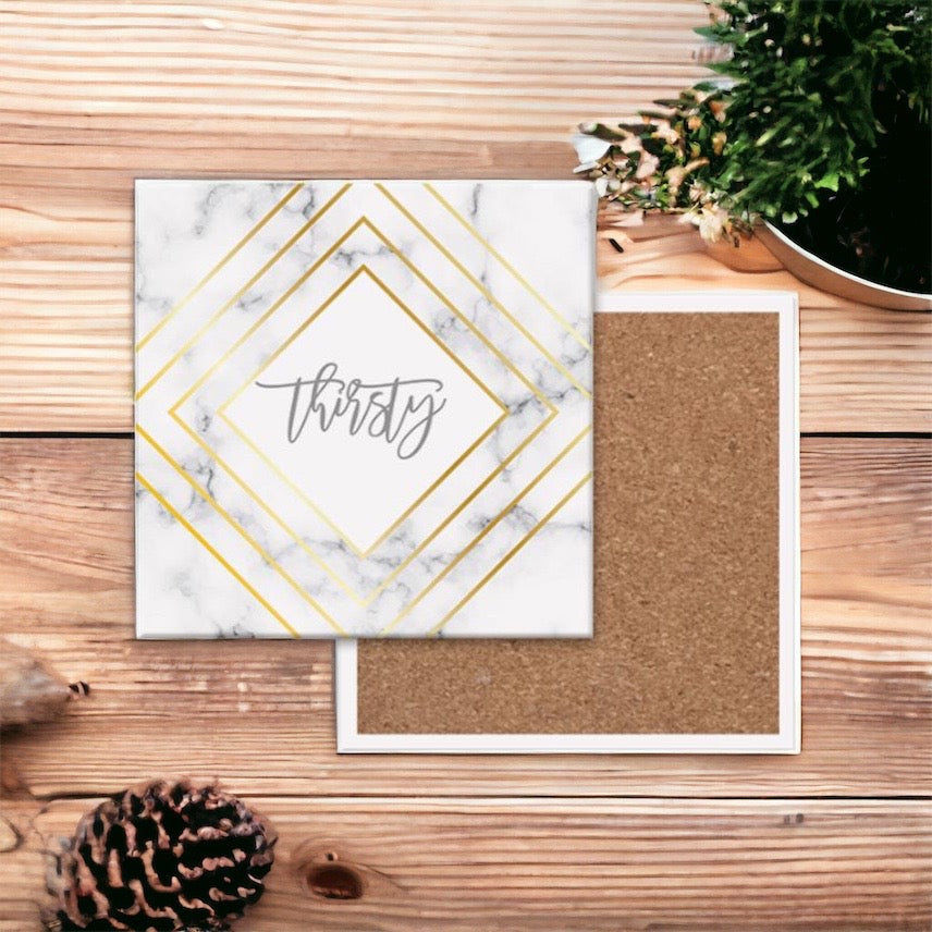 Golden Geometric Ceramic Coaster 4 Inch Cork Back Modern Thirsty Coaster Single Or Set BandsCo Straps