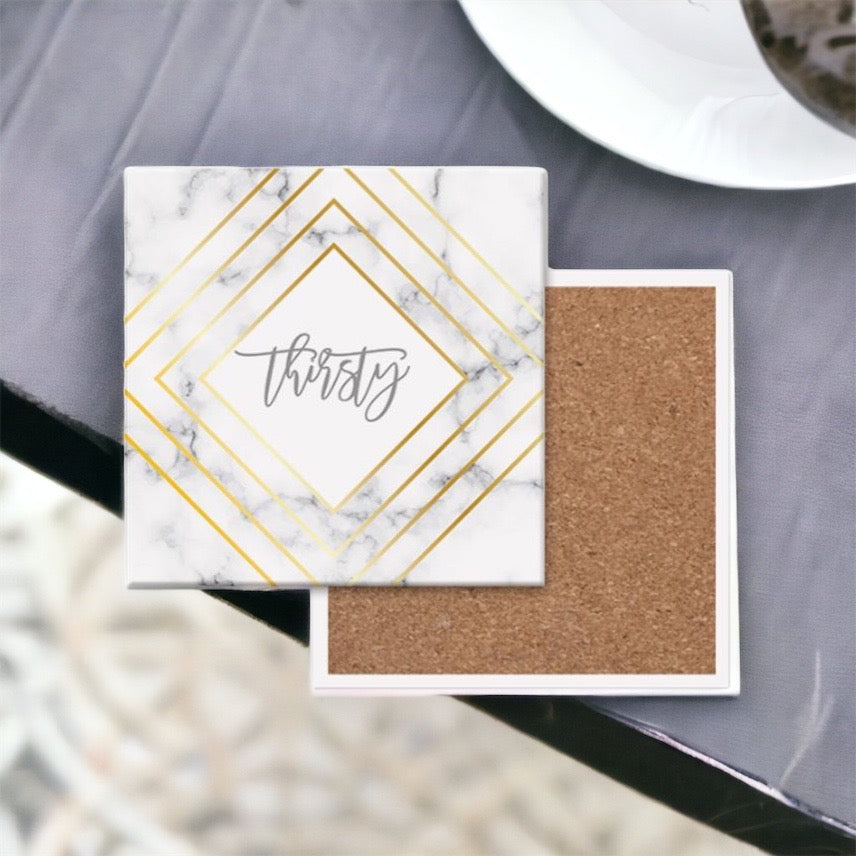 Golden Geometric Ceramic Coaster 4 Inch Cork Back Modern Thirsty Coaster Single Or Set BandsCo Straps