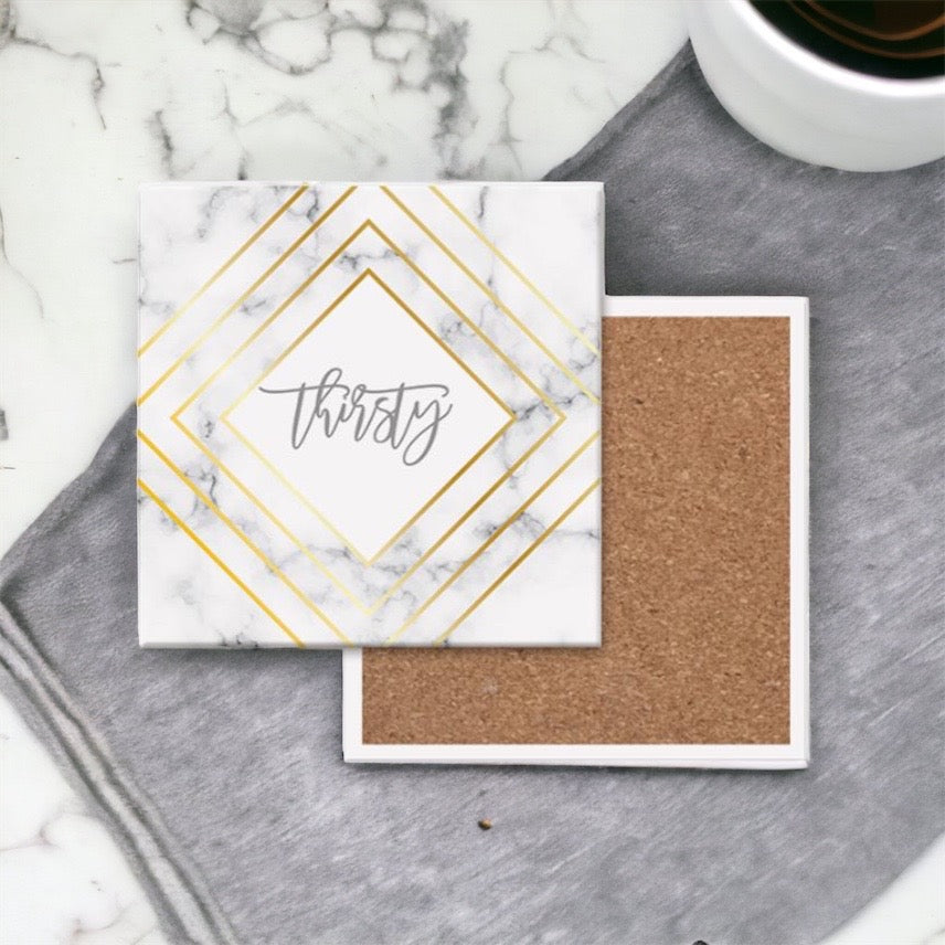 Golden Geometric Ceramic Coaster 4 Inch Cork Back Modern Thirsty Coaster Single Or Set BandsCo Straps