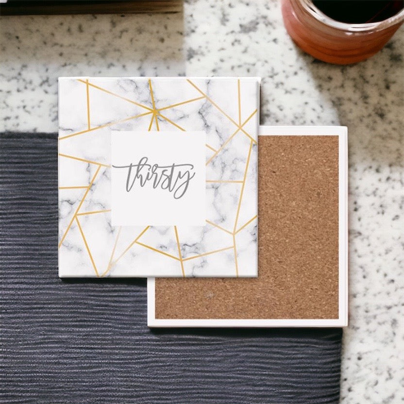 Golden Geometric Ceramic Coaster 4 Inch Cork Back Modern Thirsty Coaster Single Or Set BandsCo Straps