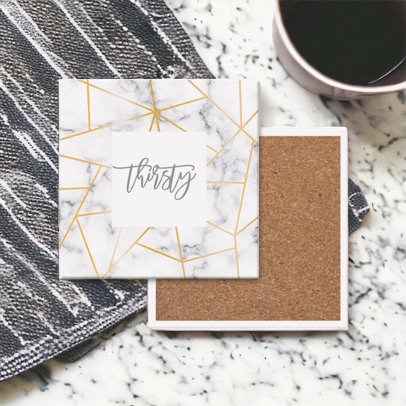 Golden Geometric Ceramic Coaster 4 Inch Cork Back Modern Thirsty Coaster Single Or Set BandsCo Straps