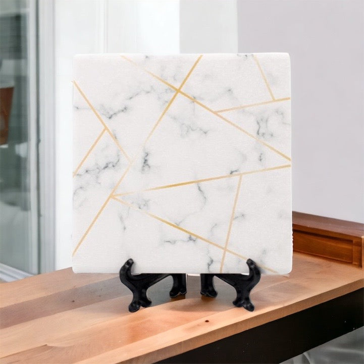 Golden Geometric Ceramic Coaster 4 Inch Cork Back Modern Thirsty Coaster Single Or Set BandsCo Straps