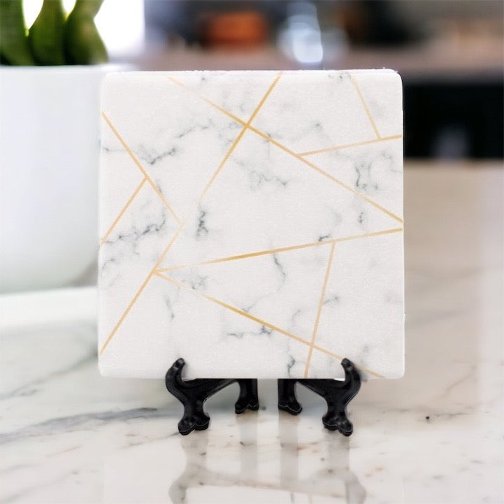 Golden Geometric Ceramic Coaster 4 Inch Cork Back Modern Thirsty Coaster Single Or Set BandsCo Straps