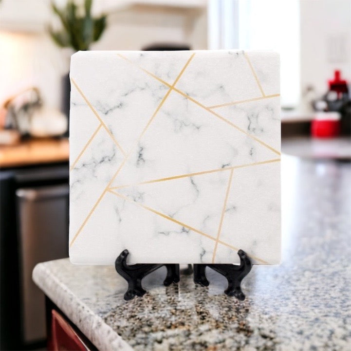 Golden Geometric Ceramic Coaster 4 Inch Cork Back Modern Thirsty Coaster Single Or Set BandsCo Straps