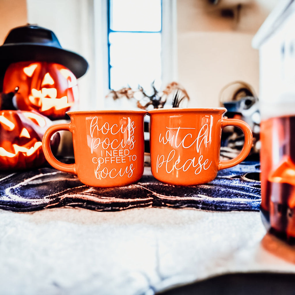 Witch Please Orange Ceramic Campfire Mug 14.5oz Double-Sided White Lettering BandsCo Straps