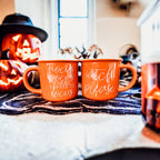 Witch Please Orange Ceramic Campfire Mug 14.5oz Double-Sided White Lettering BandsCo Straps