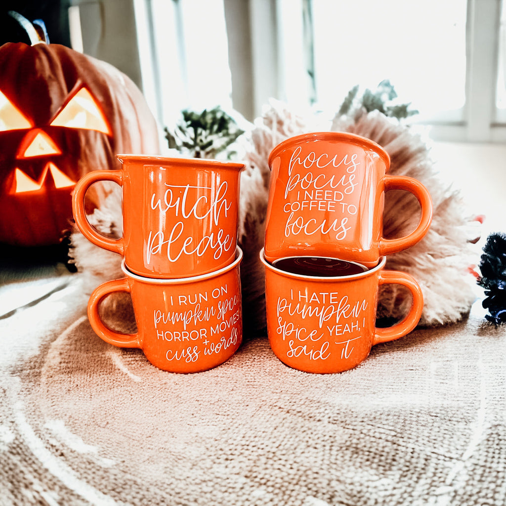 Witch Please Orange Ceramic Campfire Mug 14.5oz Double-Sided White Lettering BandsCo Straps