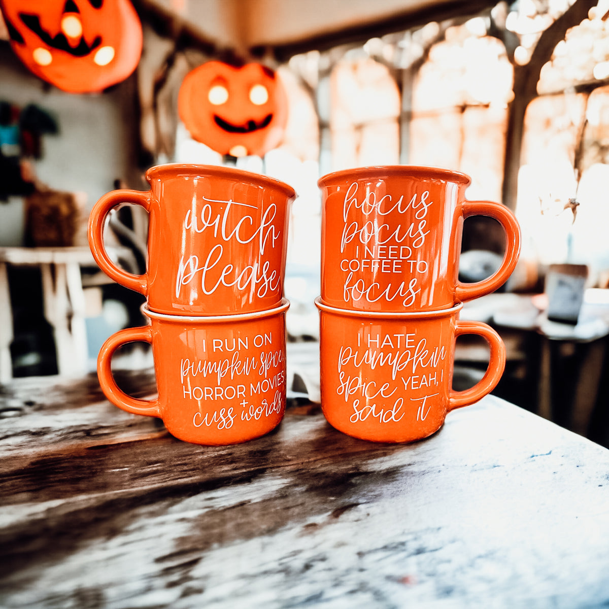 Witch Please Orange Ceramic Campfire Mug 14.5oz Double-Sided White Lettering BandsCo Straps
