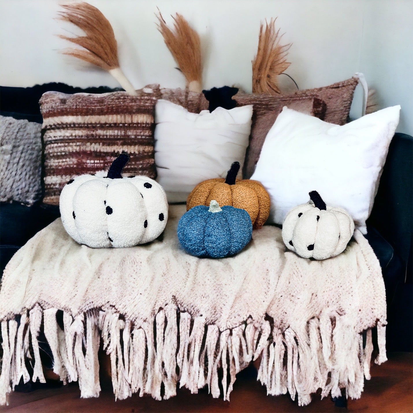 Plush Pumpkin Throw Pillow Decorative Fall Pillow Soft Cuddle Pumpkin Decor BandsCo Straps