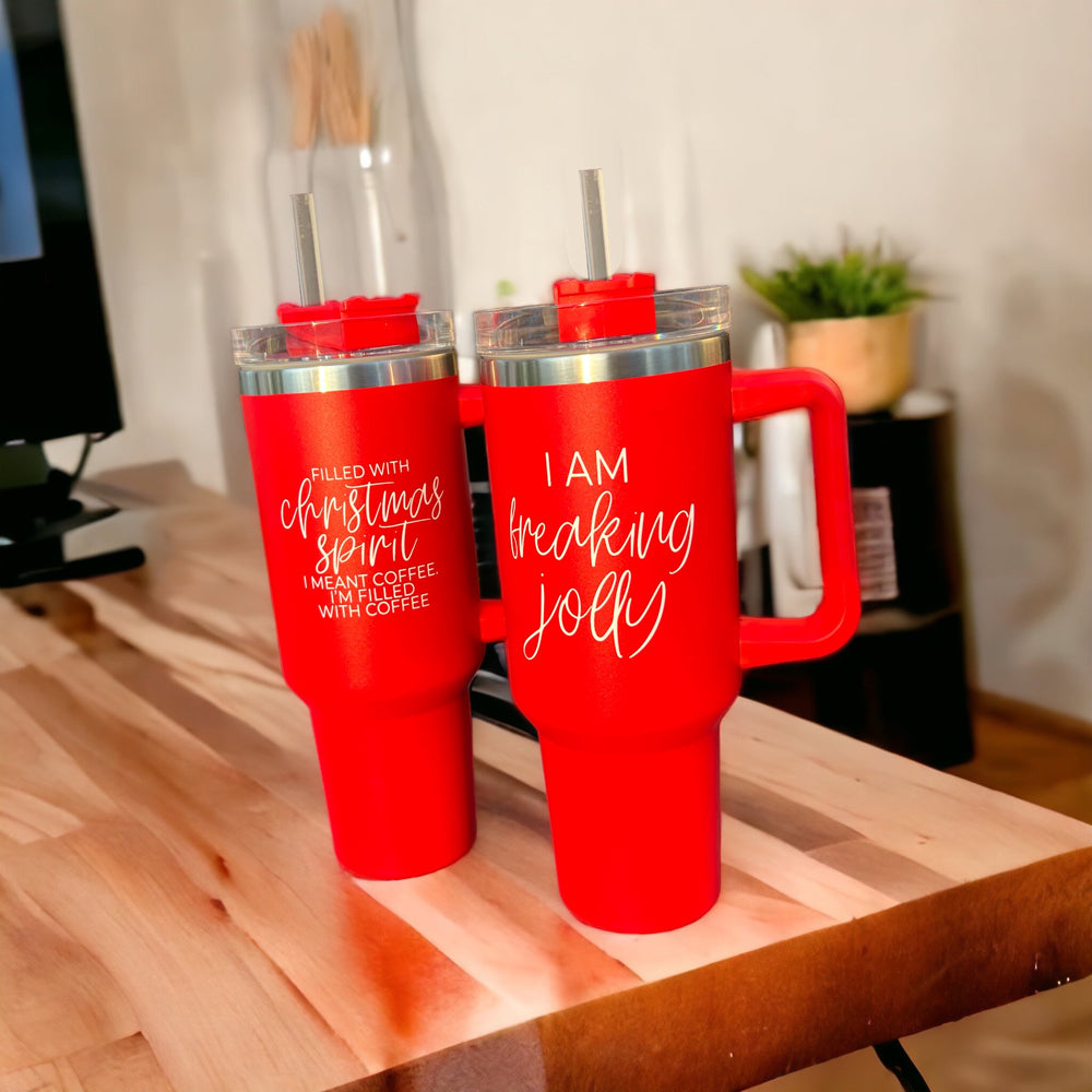 Christmas Coffee Tumbler 40oz Insulated Travel Mug With Handle Lid Straw Red BandsCo Straps