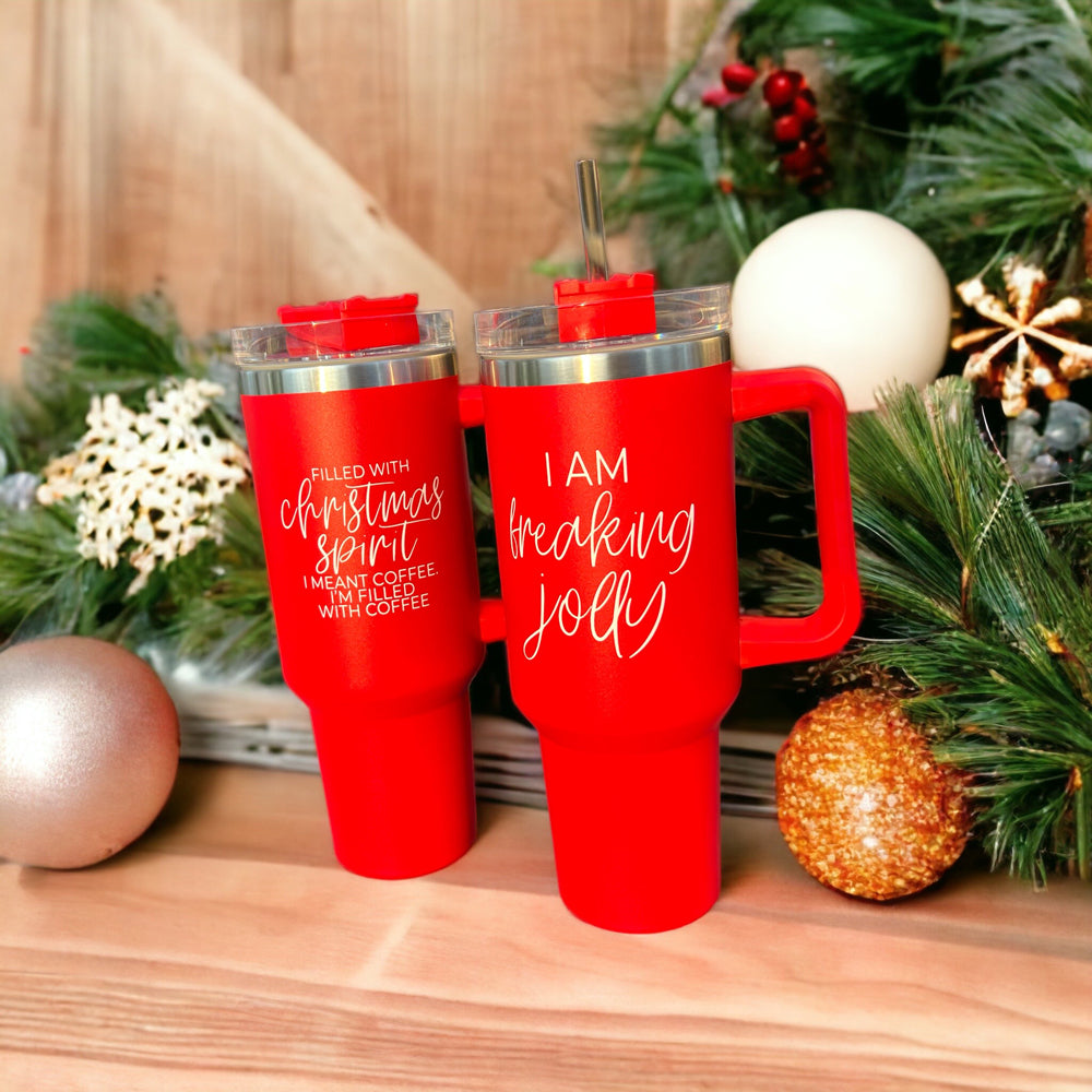 Christmas Coffee Tumbler 40oz Insulated Travel Mug With Handle Lid Straw Red BandsCo Straps