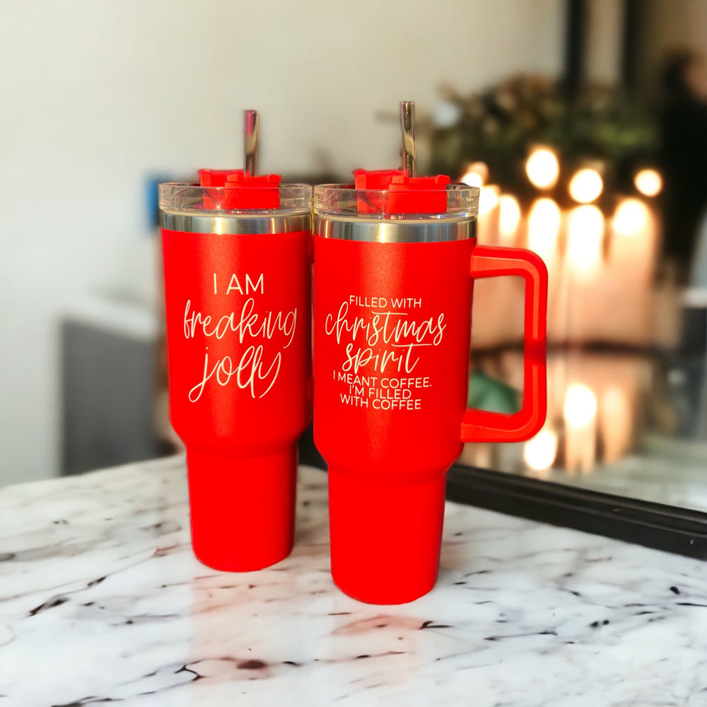 Christmas Coffee Tumbler 40oz Insulated Travel Mug With Handle Lid Straw Red BandsCo Straps
