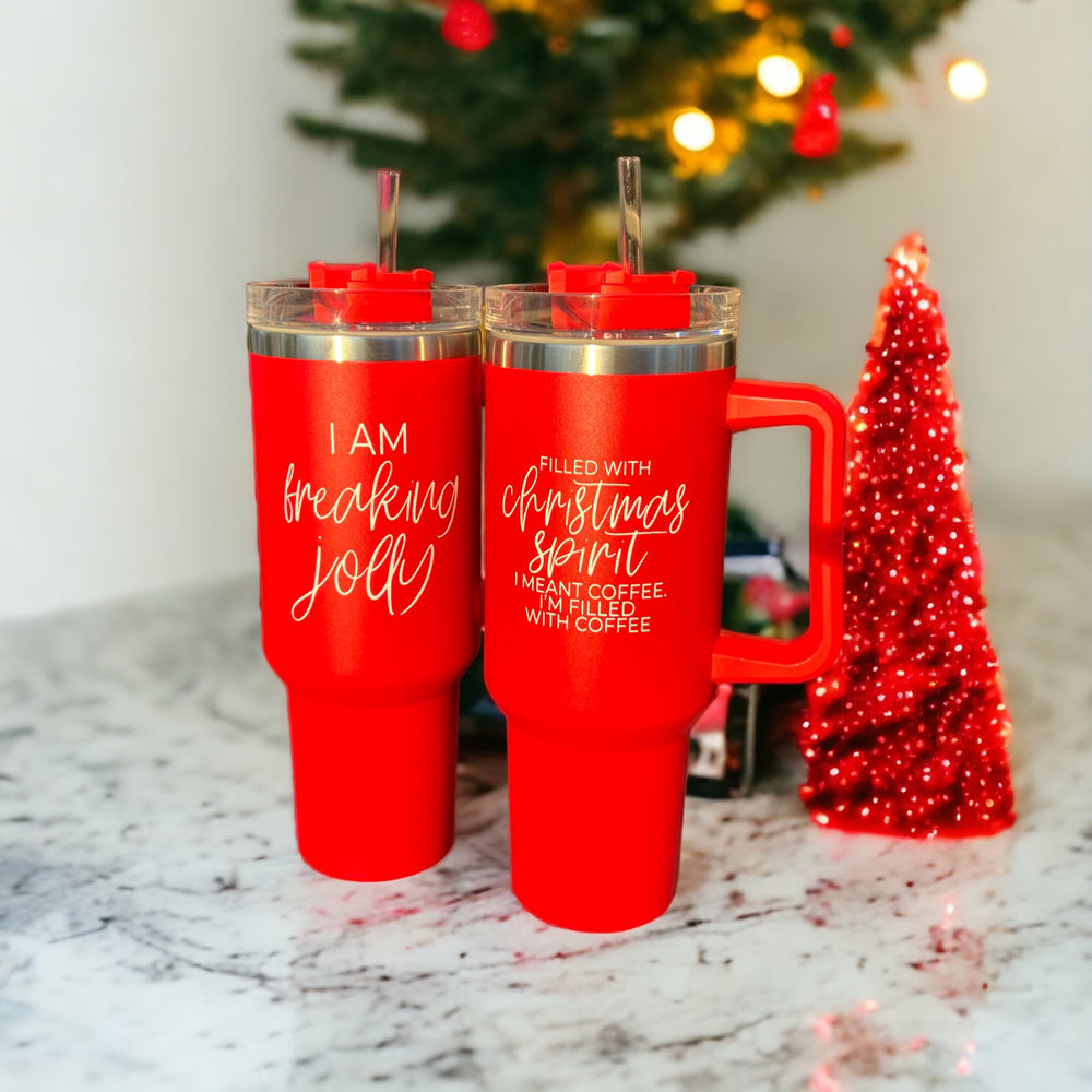 Christmas Coffee Tumbler 40oz Insulated Travel Mug With Handle Lid Straw Red BandsCo Straps