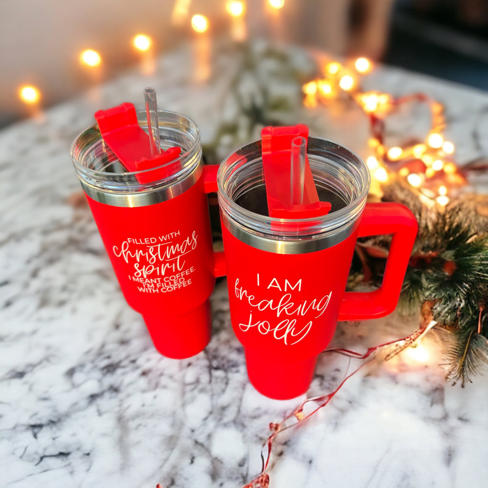 Christmas Coffee Tumbler 40oz Insulated Travel Mug With Handle Lid Straw Red BandsCo Straps