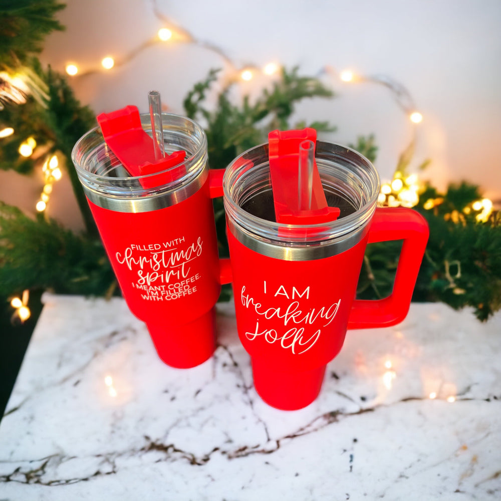 Christmas Coffee Tumbler 40oz Insulated Travel Mug With Handle Lid Straw Red BandsCo Straps