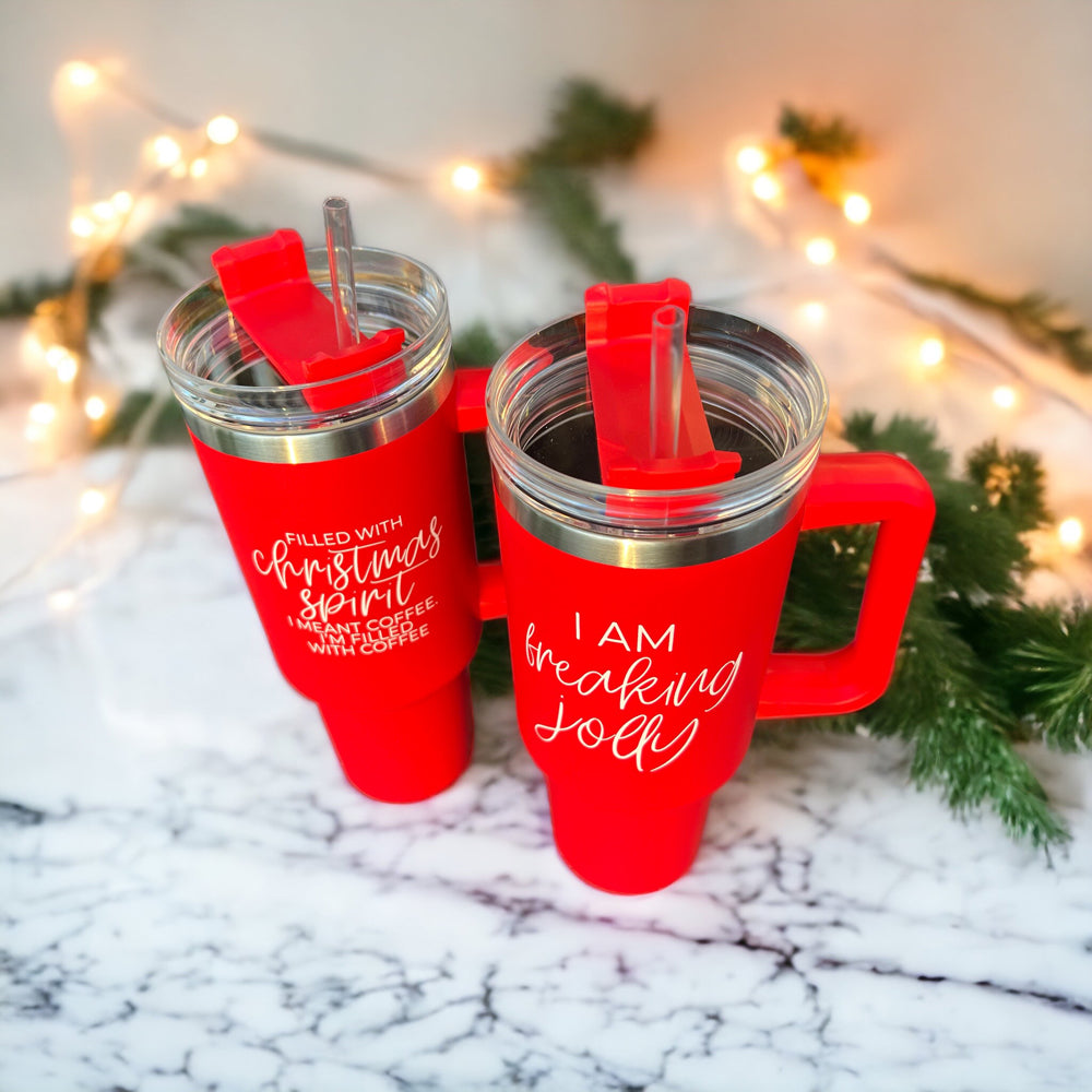 Christmas Coffee Tumbler 40oz Insulated Travel Mug With Handle Lid Straw Red BandsCo Straps