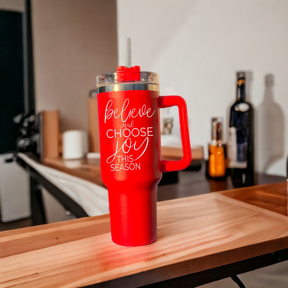 Believe Joy 40oz Insulated Tumbler With Handle Lid Straw Holiday Travel Mug BandsCo Straps